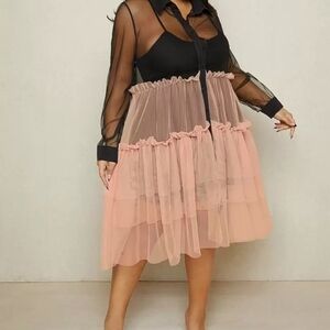 SHEIN RUFFLE Black and Pink Long Sleeve Dress